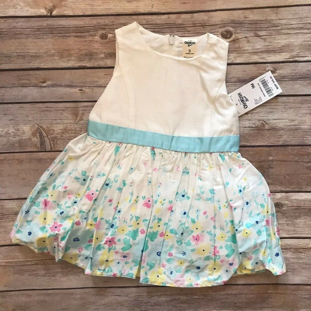 OshKosh b'Gosh Girls Dress Size 9 Mo Easter Dress Floral Bloomers Blue Yellow‎